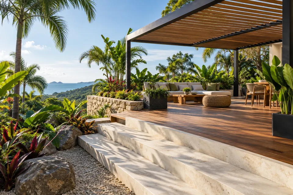Terrasse contemporaine avec pergola et jardin tropical