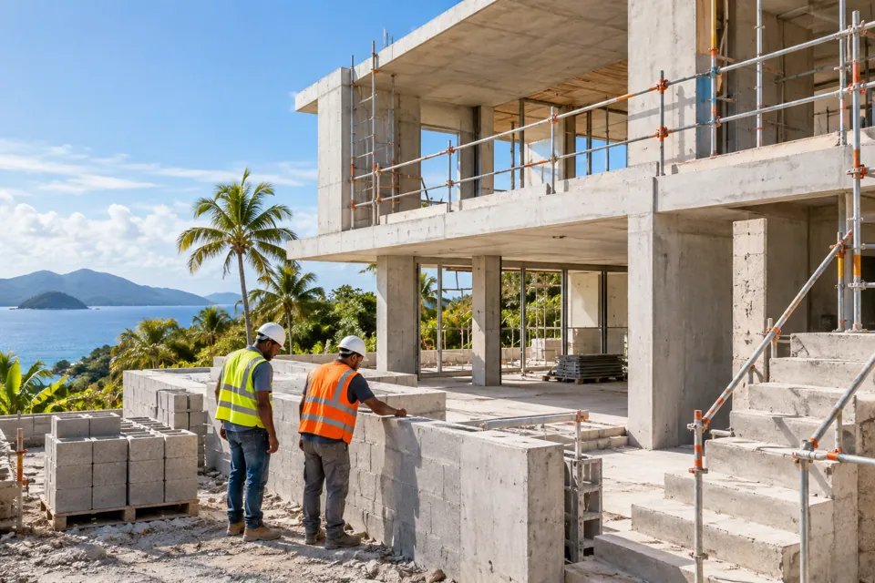 Artisans sur un chantier de villa contemporaine
