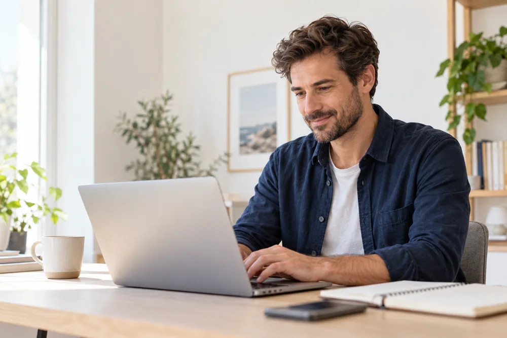 Illustration d’un entrepreneur travaillant sereinement sur son ordinateur.